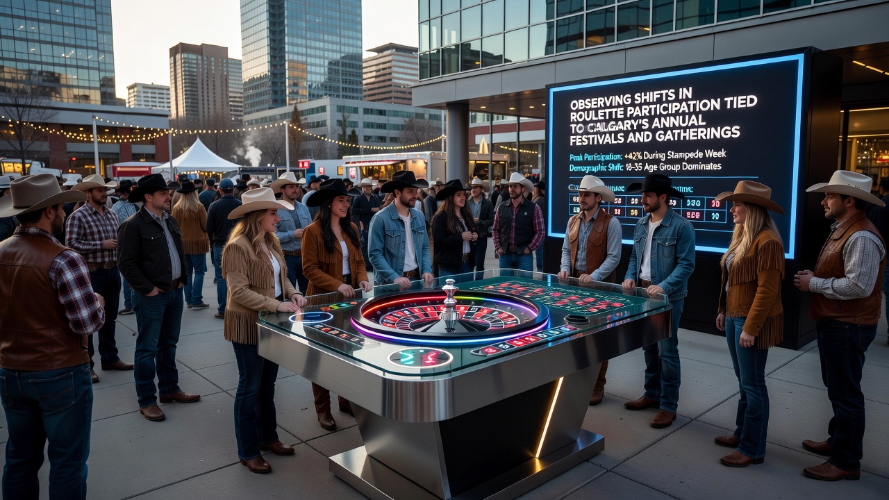 Interior view of a Calgary casino roulette table with diverse players during a busy festival period